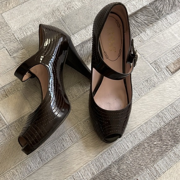 Franco Sarto Chocolate Patent Peep Toe Shoes - Picture 2 of 7